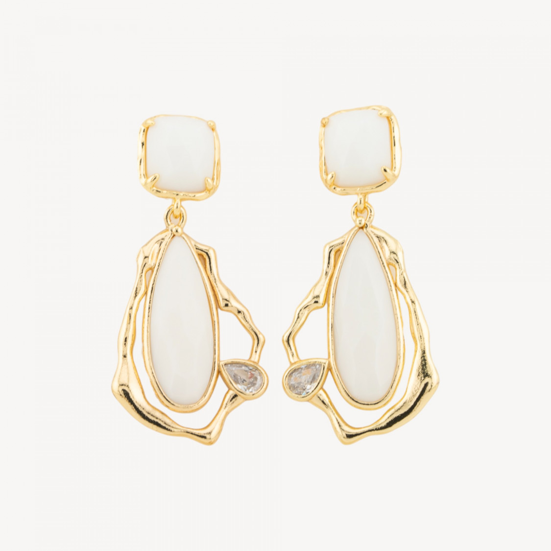 Orecchini Perno Di Bronzo Con Cristalli CZ e Occhio Di Gatto Galvanica Oro Bianco-CRYSTAL BRONZE | Worldofjewel.com