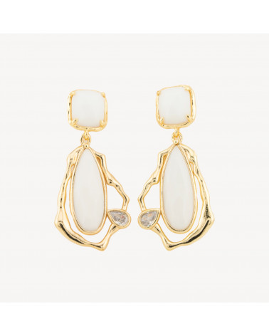Orecchini Perno Di Bronzo Con Cristalli CZ e Occhio Di Gatto Galvanica Oro Bianco-CRYSTAL BRONZE | Worldofjewel.com