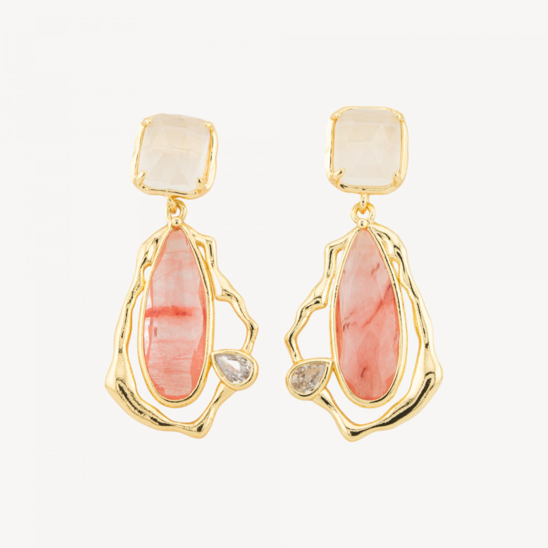 Orecchini Perno Di Bronzo Con Cristalli CZ e Occhio Di Gatto Galvanica Oro Bianco Rosa-BRONZO CRYSTAL | Worldofjewel.com