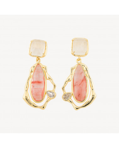 Orecchini Perno Di Bronzo Con Cristalli CZ e Occhio Di Gatto Galvanica Oro Bianco Rosa-BRONZO CRYSTAL | Worldofjewel.com