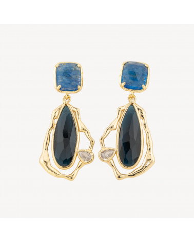 Orecchini Perno Di Bronzo Con Cristalli CZ e Occhio Di Gatto Galvanica Oro Blu Notte-CRYSTAL BRONZE | Worldofjewel.com