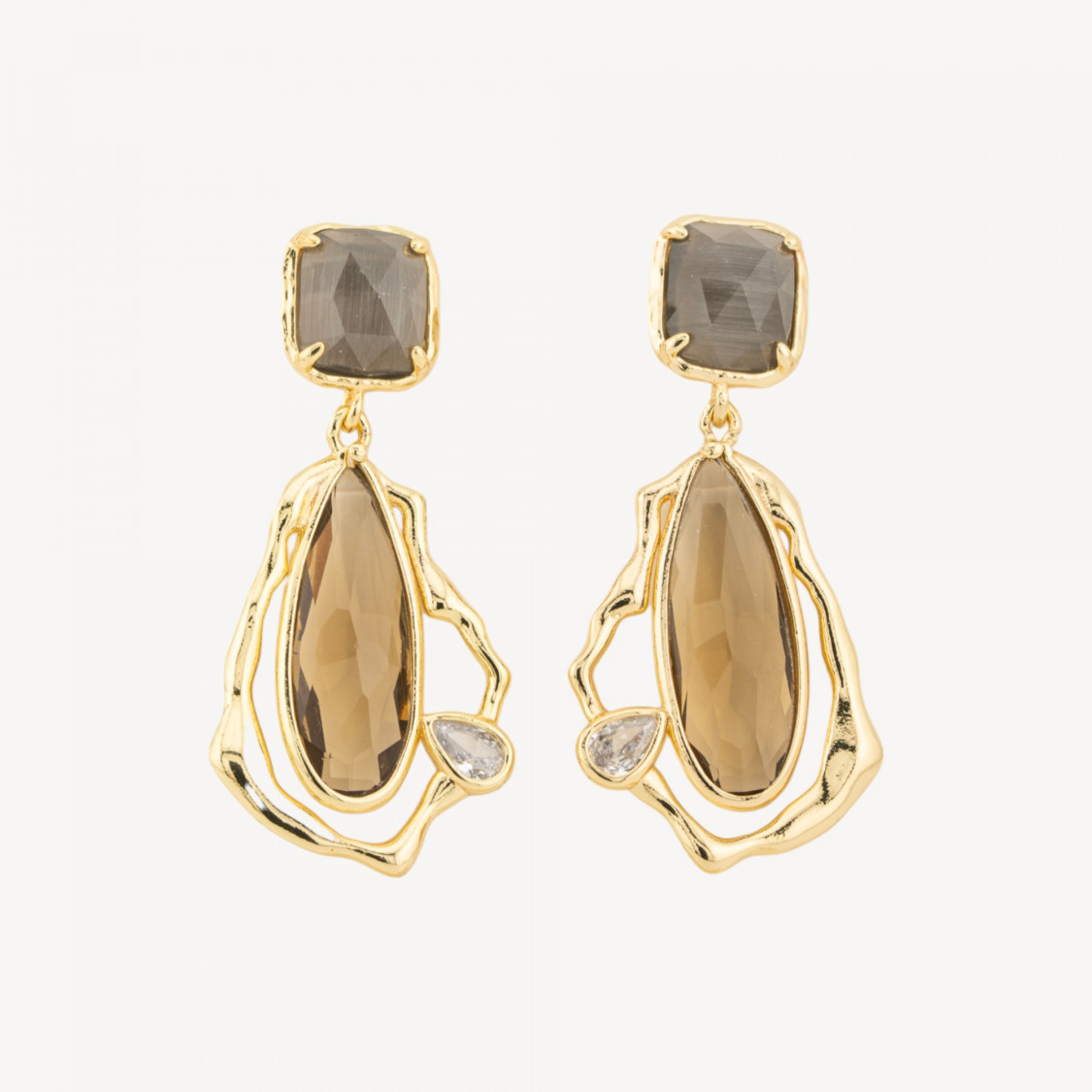 Orecchini Perno Di Bronzo Con Cristalli CZ e Occhio Di Gatto Galvanica Oro Fumè-BRONCE CRISTAL | Worldofjewel.com
