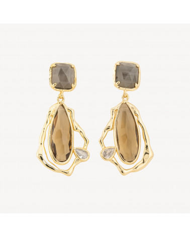 Orecchini Perno Di Bronzo Con Cristalli CZ e Occhio Di Gatto Galvanica Oro Fumè-BRONCE CRISTAL | Worldofjewel.com