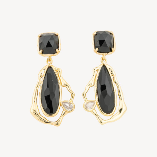 Bronze Stud Earrings with CZ Crystals and Cat's Eye in Black Gold Plating