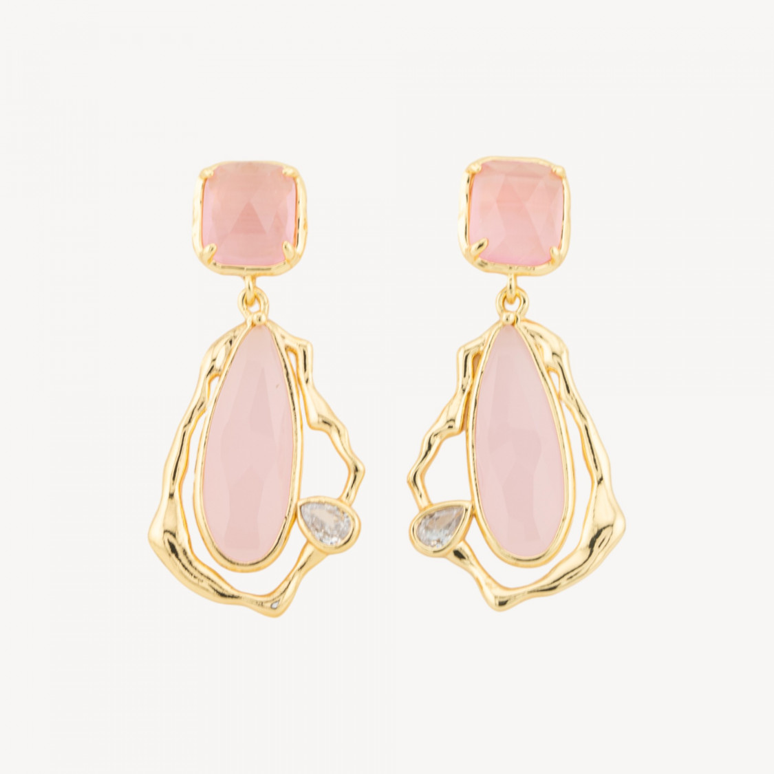 Orecchini Perno Di Bronzo Con Cristalli CZ e Occhio Di Gatto Galvanica Oro Rosa-BRONCE CRISTAL | Worldofjewel.com
