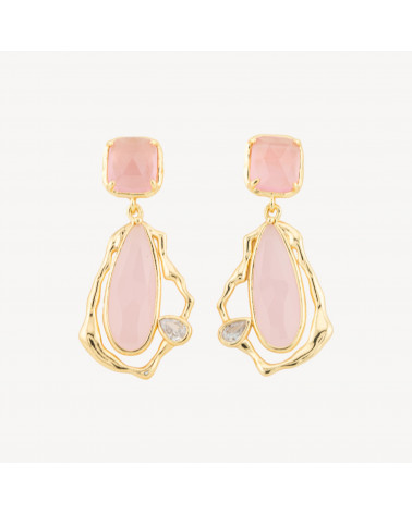 Orecchini Perno Di Bronzo Con Cristalli CZ e Occhio Di Gatto Galvanica Oro Rosa-BRONCE CRISTAL | Worldofjewel.com