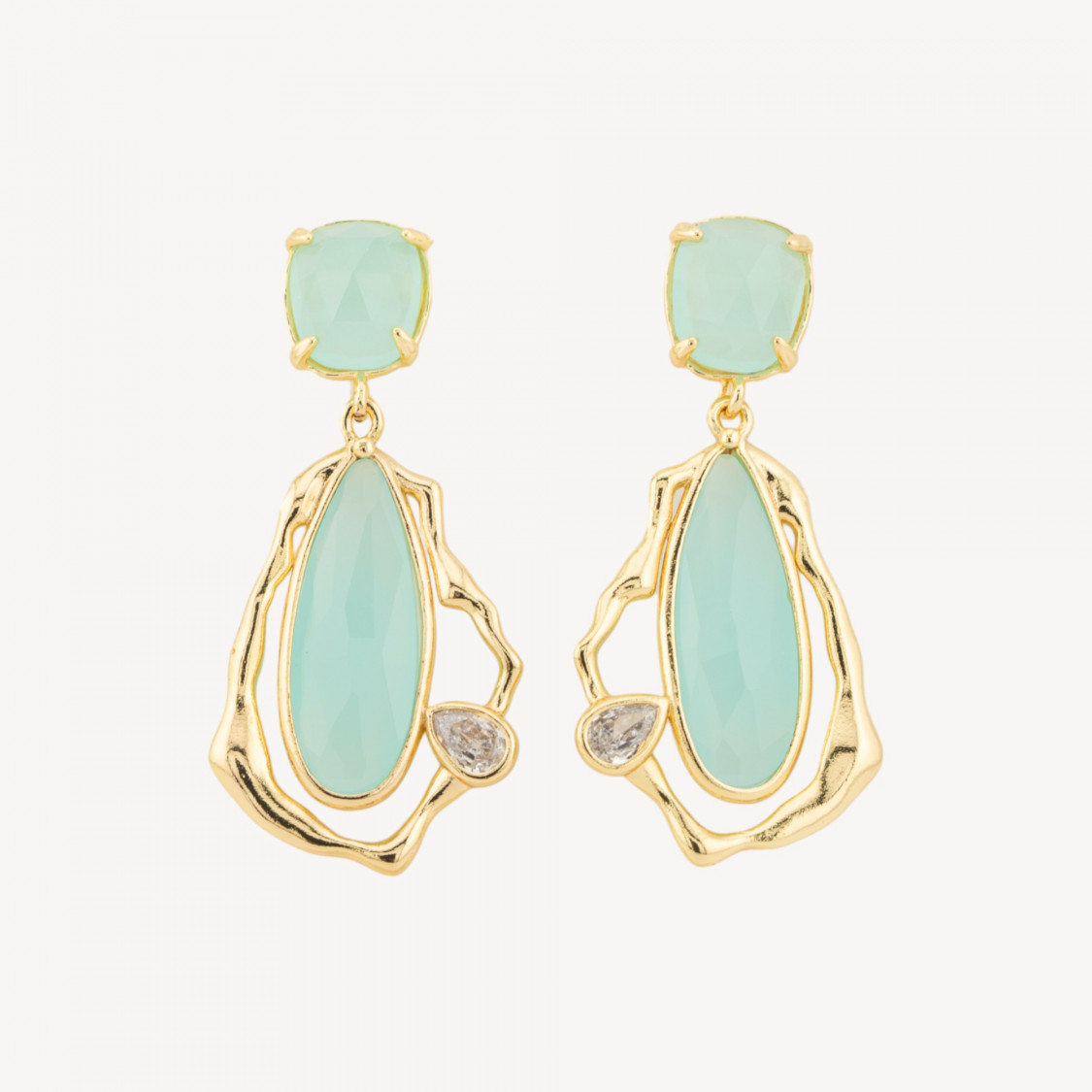 Orecchini Perno Di Bronzo Con Cristalli CZ e Occhio Di Gatto Galvanica Oro Verde Acqua-KRISTALLBRONZE | Worldofjewel.com