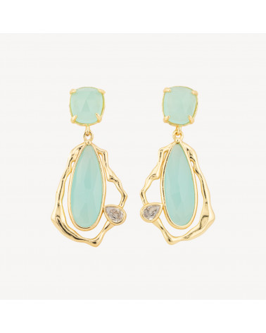Orecchini Perno Di Bronzo Con Cristalli CZ e Occhio Di Gatto Galvanica Oro Verde Acqua-KRISTALLBRONZE | Worldofjewel.com