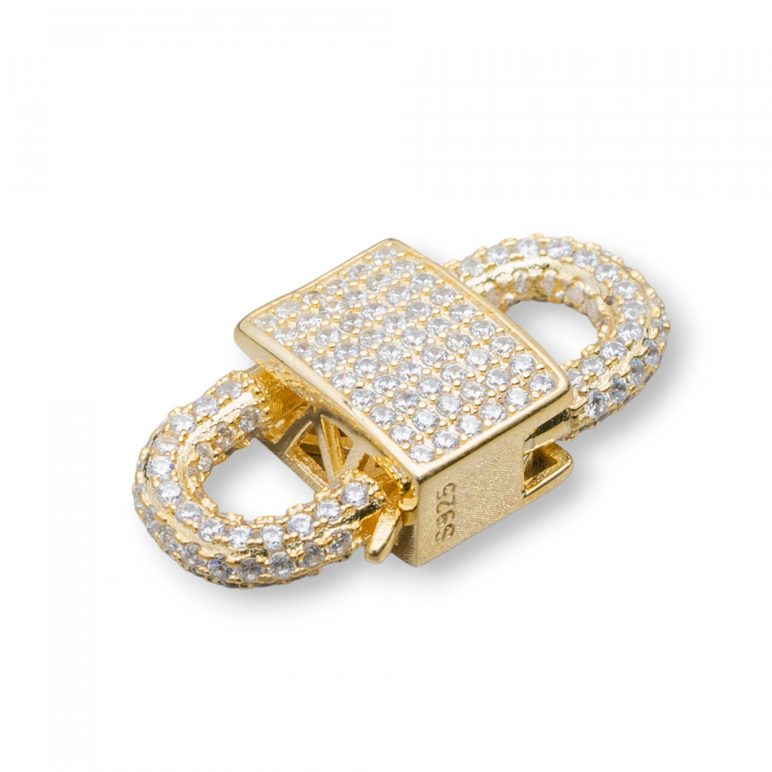 Chiusura Gancio Doppio Di Argento 925 Con Zirconi Micropave' 14x28mm 1pz Dorato-SILVER CLOSURES | Worldofjewel.com
