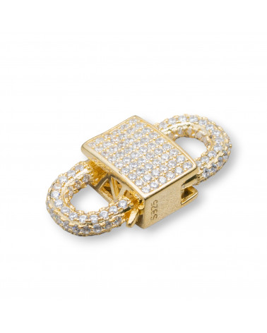 Chiusura Gancio Doppio Di Argento 925 Con Zirconi Micropave' 14x28mm 1pz Dorato-SILVER CLOSURES | Worldofjewel.com