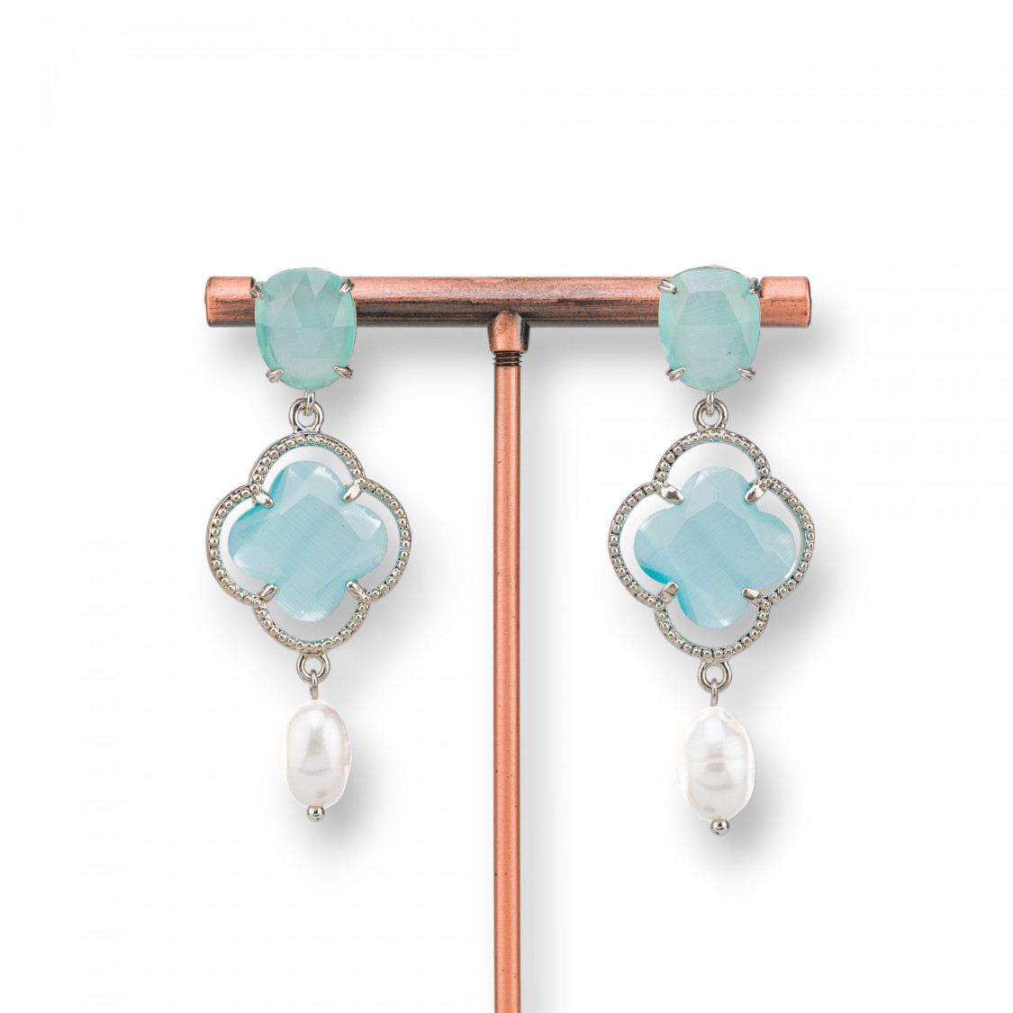 Orecchini Di Bronzo A Perno Con Occhio Di Gatto E Perle Di Fiume 20x58mm Acqua-ORECCHINI MADE WITH STYLE | Worldofjewel.com