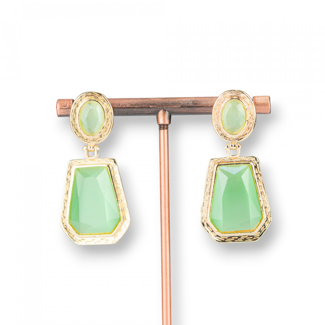 Orecchini Perno Di Bronzo Con Pendenti Di Occhio Di Gatto 20x42mm Dorato Verde Chiaro-ORECCHINI MADE WITH STYLE | Worldofjewel.com