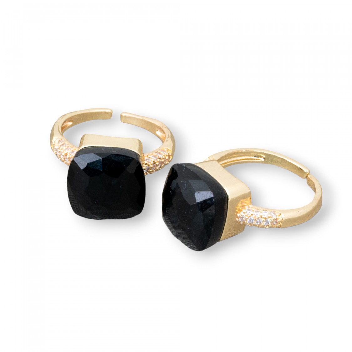Anello Regolabile in Bronzo Dorato Collezione ELEN-1 con Occhio di Gatto a Cuscinetto 13mm e Zirconi Nero | Gioiello Artigianal-ANELLI BRONZO CON PIETRE INCASTONATE | Worldofjewel.com