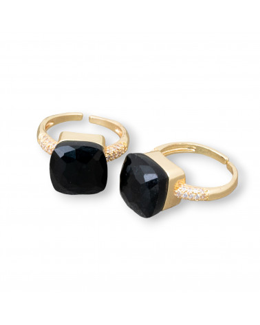Anello Regolabile in Bronzo Dorato Collezione ELEN-1 con Occhio di Gatto a Cuscinetto 13mm e Zirconi Nero | Gioiello Artigianal-ANELLI BRONZO CON PIETRE INCASTONATE | Worldofjewel.com
