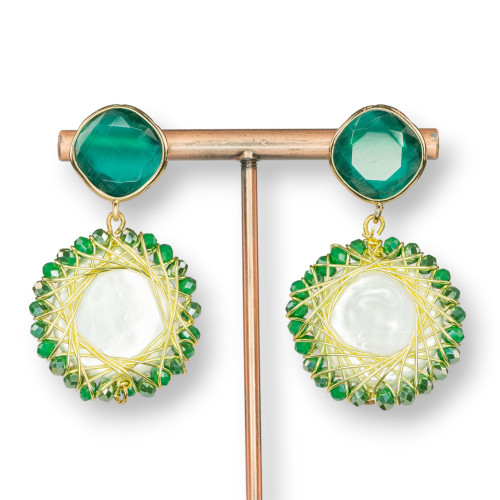 Boucles d'oreilles puces en bronze serties de cristaux et de pierres semi-précieuses entrelacées, 30 x 45 mm, blanc de Majorque