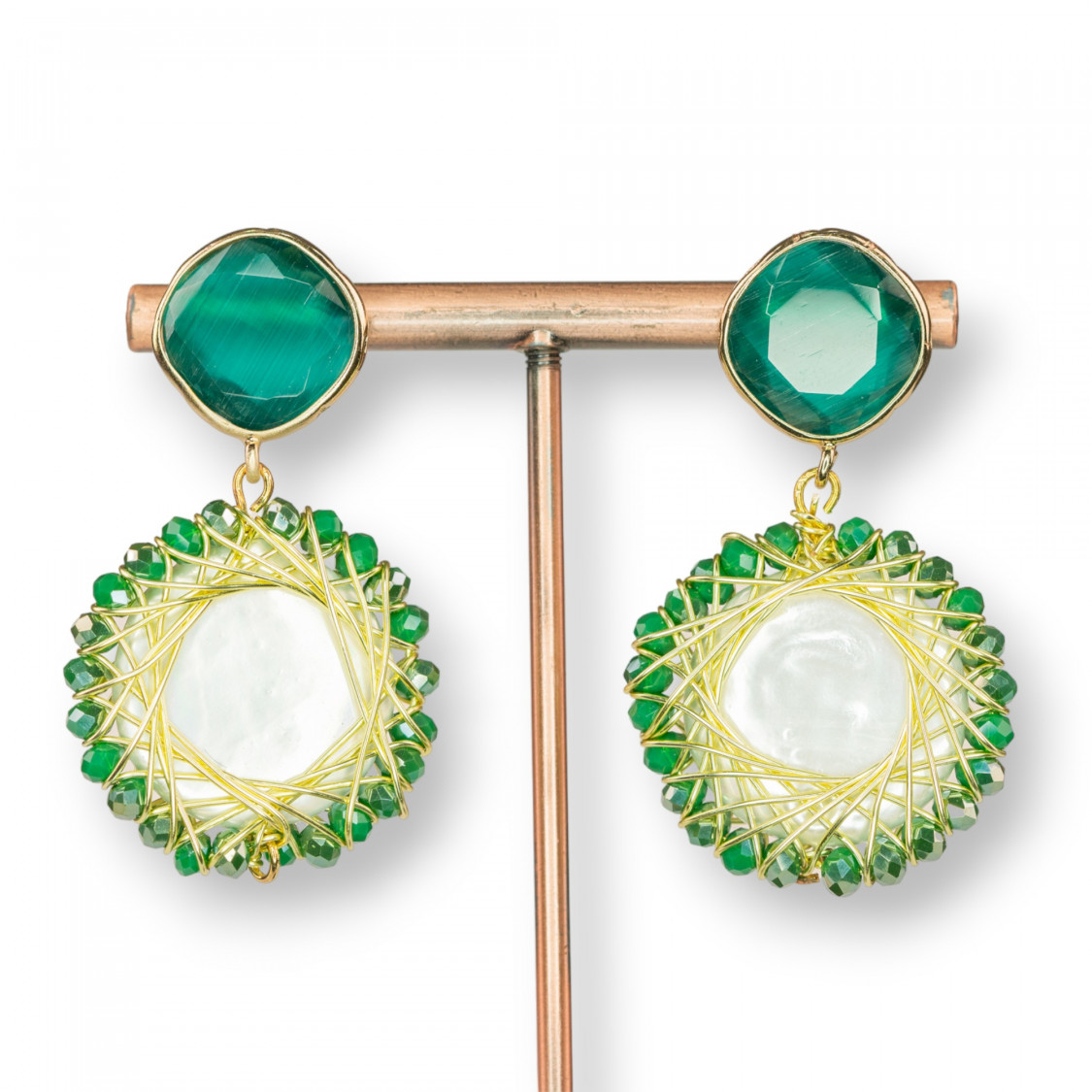 Σκουλαρίκια από μπρούντζο με σετ κρυστάλλων και αλληλοσυνδεδεμένες ημιπολύτιμες πέτρες από μπρούντζο 30x45mm Λευκό Μαγιόρκα-ΣΚΟΥΛΑΡΙΚΙΑ ΦΤΙΑΓΜΕΝΑ ΜΕ ΣΤΥΛ | Worldofjewel.com
