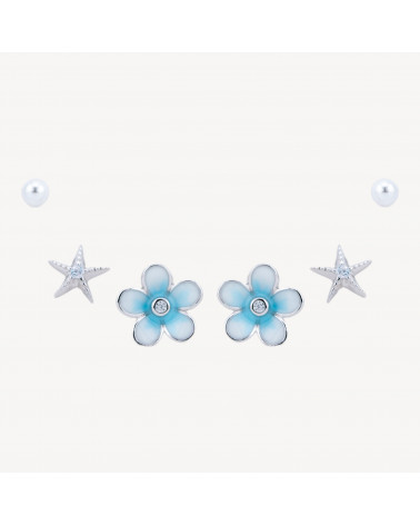 Orecchini In Argento 925 Con Zirconi Fiore Blu-PERLES DEMI-TROU | Worldofjewel.com