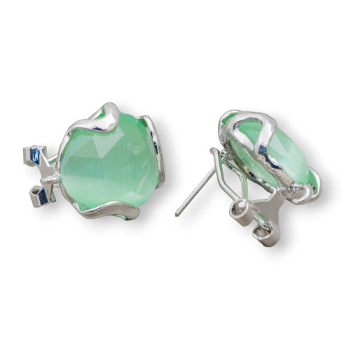 Base Per Orecchini A Perno Chiuso Di Bronzo Con Occhio Di Gatto Irregolare Sfaccettato 17mm 3 Paia Rodiato Verde Chiaro