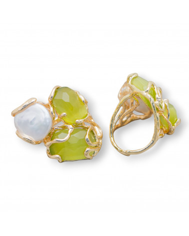 Anello Regolabile in Bronzo Dorato Collezione AURORA con Occhio Di Gatto Con Perle Di Fiume Verde Acido | Gioiello Artigianal-ANILLOS DE BRONCE Y OJO DE GATO | Worldofjewel.com