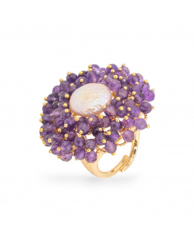 Anello Di Bronzo Con Perline E Perle Di Fiume 30x32mm Misura Regolabile Dorato Ametista-ANELLI BRONZO CON PIETRE INCASTONATE | Worldofjewel.com