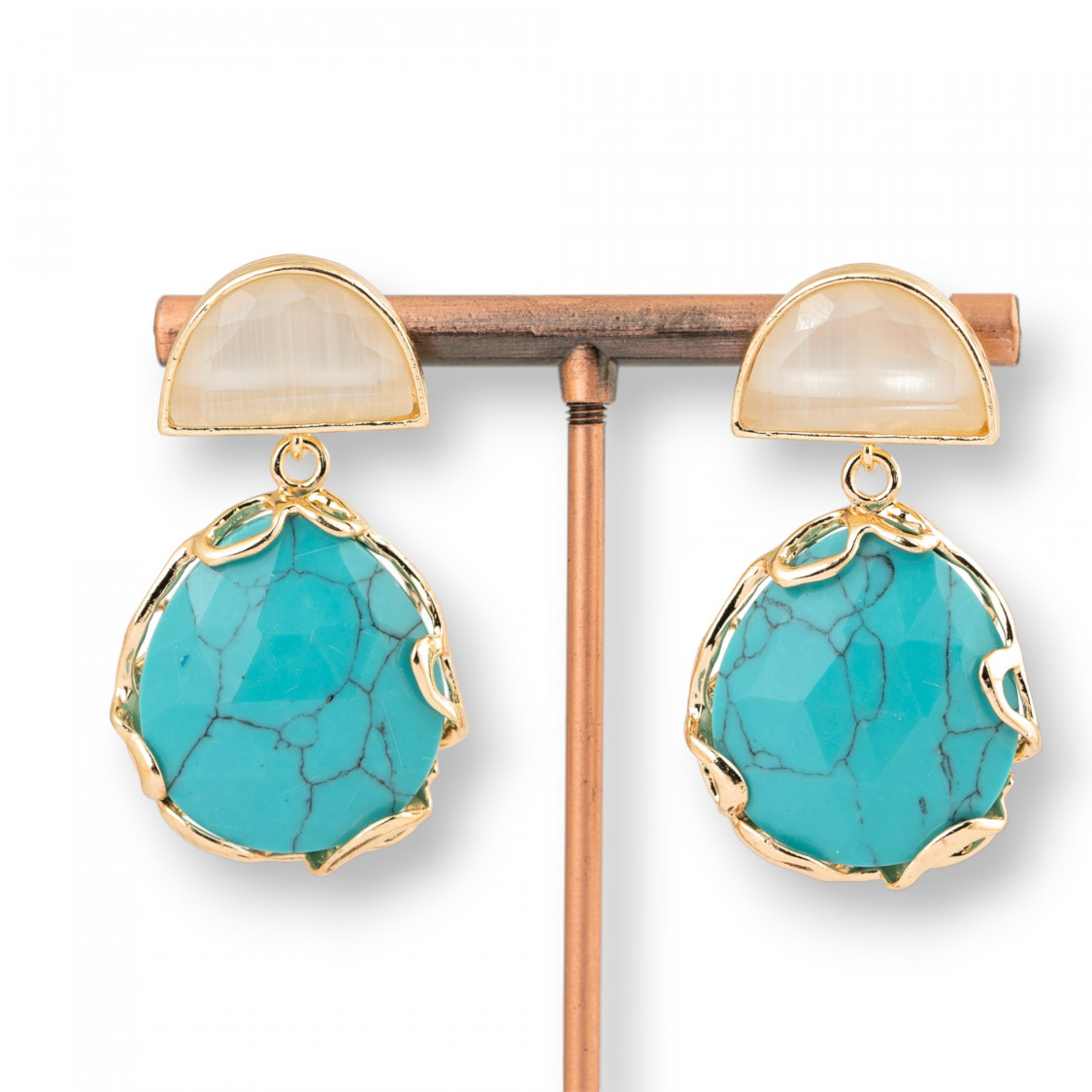 Orecchini A Perno Di Bronzo Con Occhio Di Gatto Incastonato 24x45mm Magnesite E Bianco-ORECCHINI MADE WITH STYLE | Worldofjewel.com