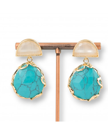 Orecchini A Perno Di Bronzo Con Occhio Di Gatto Incastonato 24x45mm Magnesite E Bianco-ORECCHINI MADE WITH STYLE | Worldofjewel.com