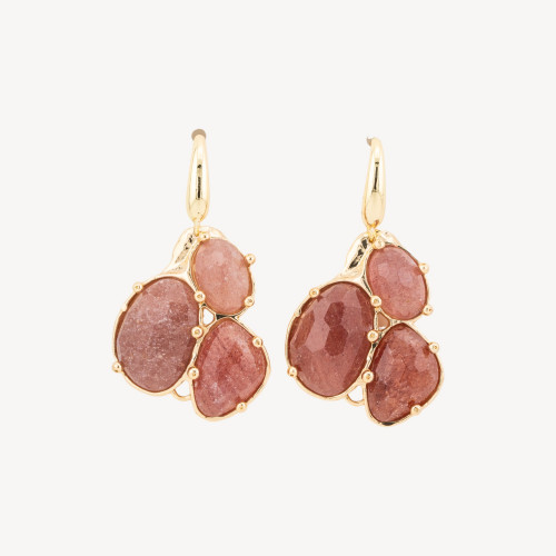 Boucles d'oreilles à levier en bronze avec pendentif en pierres semi-précieuses serties d'or et quartz fraise