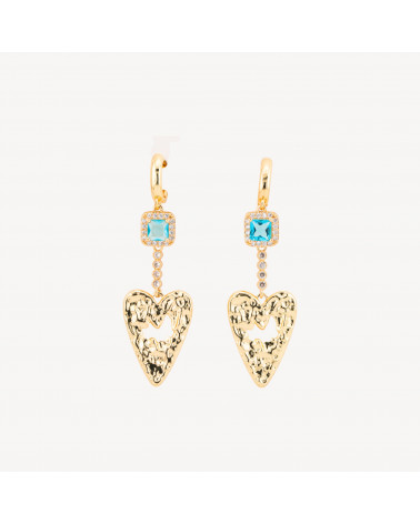 Orecchini Perno Di Bronzo Con Cristalli E Pendente a Cuore Battuto Dorato Celeste-ORECCHINI MADE WITH STYLE | Worldofjewel.com