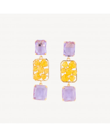 Orecchini Perno Di Bronzo Con Pendenti Di Occhio Di Gatto Rettangolo 18x65mm Lavanda Giallo-ORECCHINI MADE WITH STYLE | Worldofjewel.com