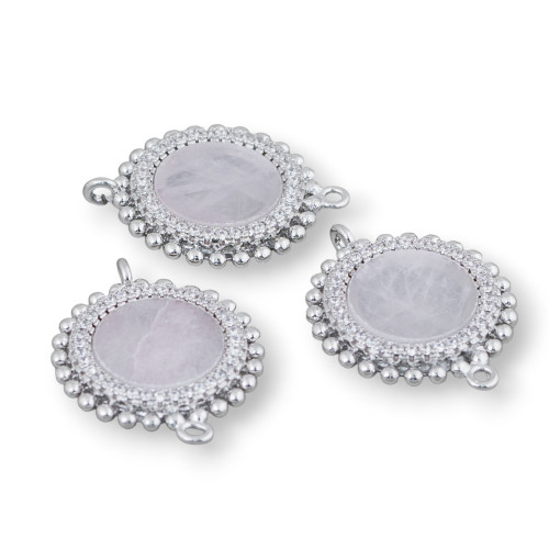 Brass Component Connector with Natural Stones with 2 Jump Rings and Zircons Round 20mm 6pcs Rhodium Plated Rose Quartz