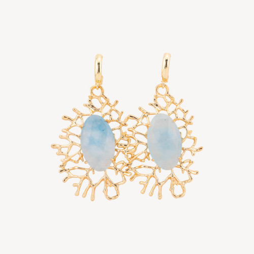 Pendientes de bronce con cierre de palanca, colgante de ramita y cabujón de 35 x 63 mm en azul claro