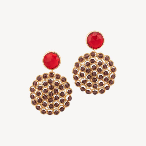 Pendientes de bronce con cuentas de ojo de gato y piedras preciosas color burdeos