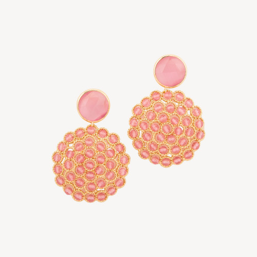 Boucles d'oreilles puces en bronze avec perles œil-de-chat et pierres précieuses rose clair