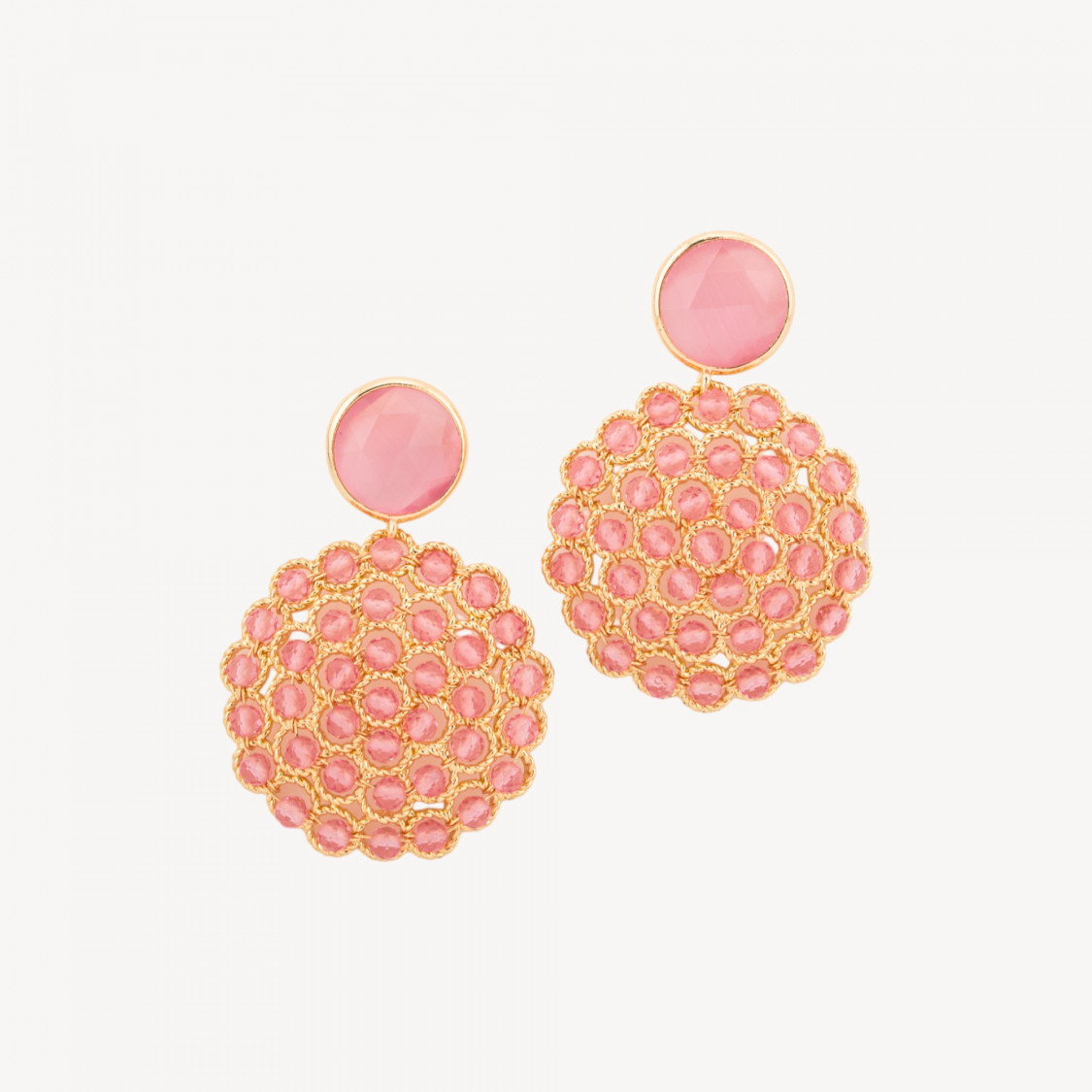 Orecchini Perno Di Bronzo Con Occhio Di Gatto e Perline Di Pietre Dure Rosa Chiaro-ORECCHINI MADE WITH STYLE | Worldofjewel.com
