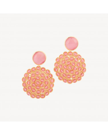 Orecchini Perno Di Bronzo Con Occhio Di Gatto e Perline Di Pietre Dure Rosa Chiaro-ORECCHINI MADE WITH STYLE | Worldofjewel.com