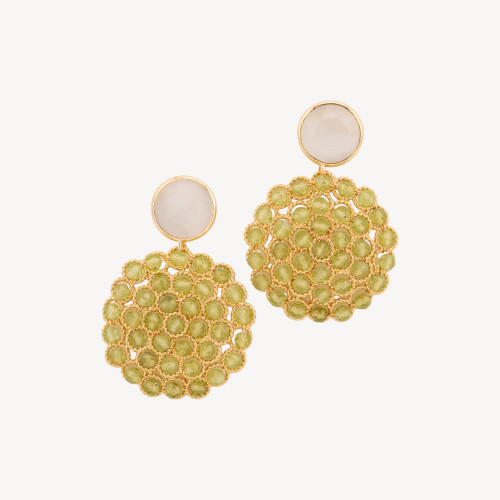 Pendientes de bronce con cuentas de ojo de gato y piedras preciosas verde bosque