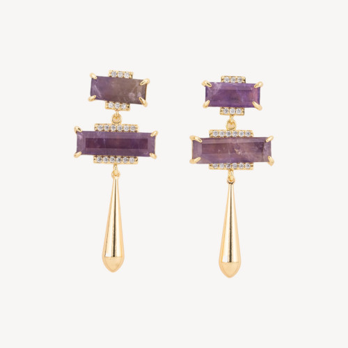 Pendientes de bronce con piedras preciosas y gota de amatista de 22 x 50 mm