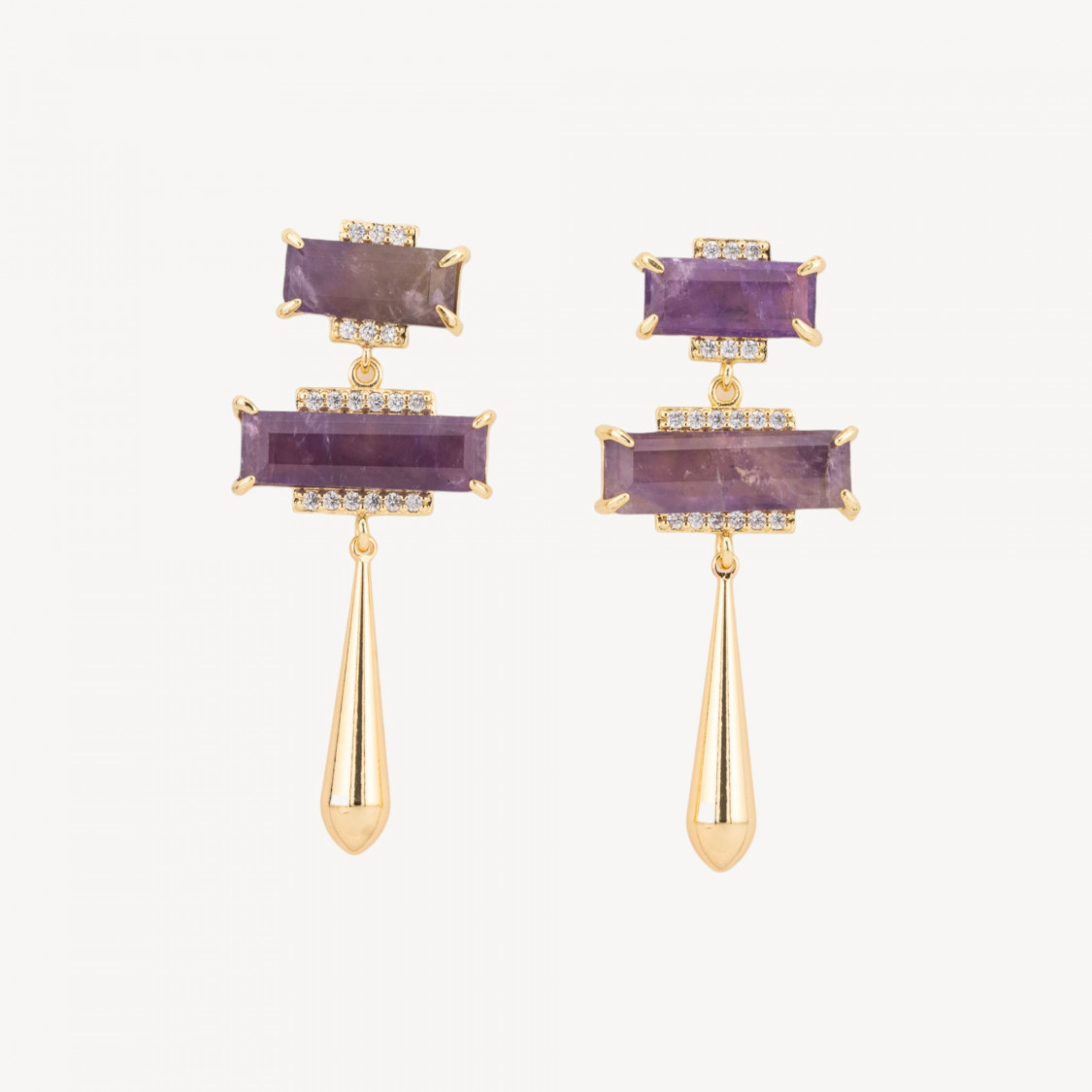 Bronze Stud Earrings with Gemstones and 22x50mm Amethyst Drop-EARRINGS MADE WITH STYLE | Worldofjewel.com