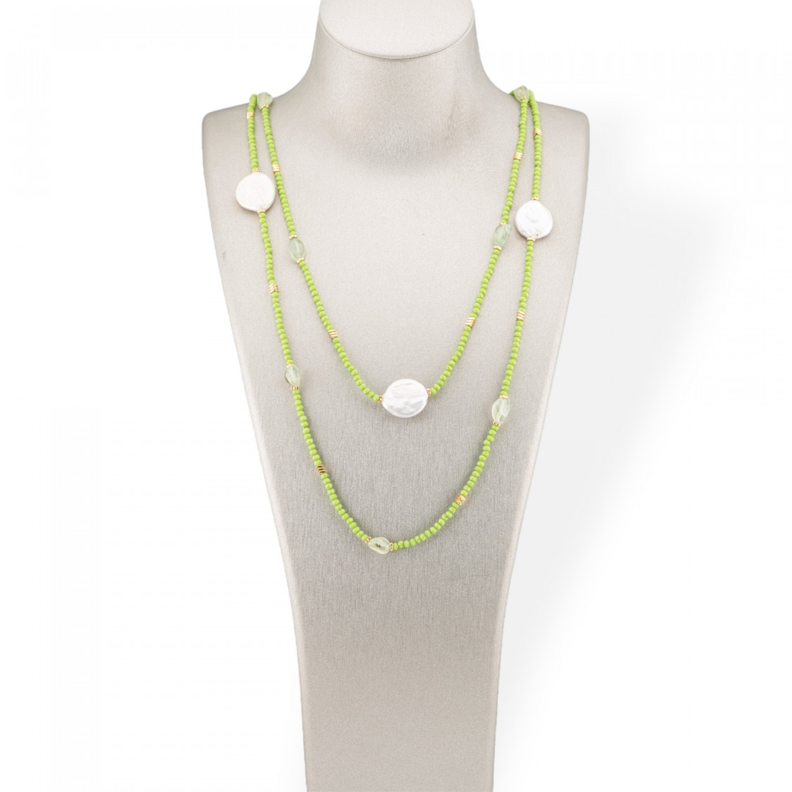 Charlestone Bijoux Necklace with Semi-Precious Stones, Flat Baroque River Pearls, Hematite, and Crystals, 160cm, Acid Green-DESIGN ITALY | Worldofjewel.com