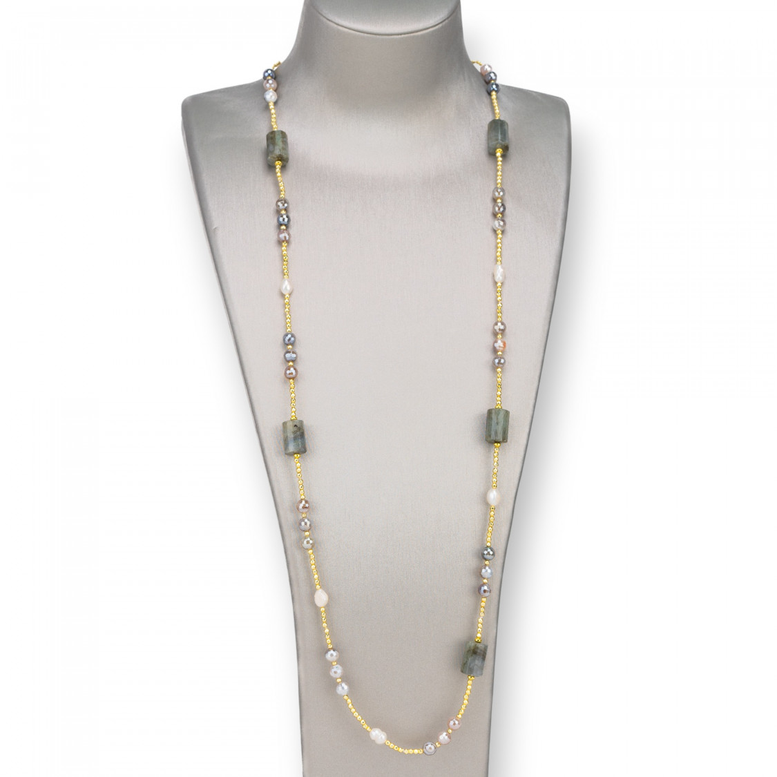Collana Bijoux Con Perle Di Fiume, Ematite, Pietre Dure Annodate 90cm Labradorite-CONCEPTION ITALIE | Worldofjewel.com