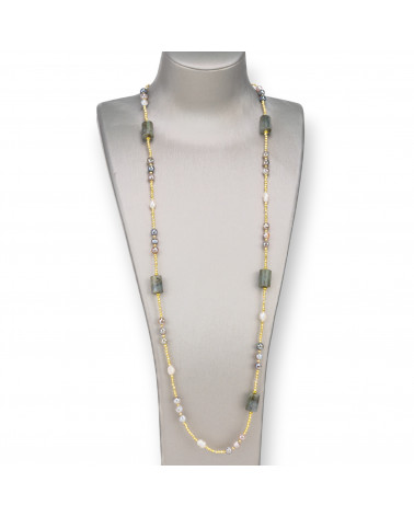 Collana Bijoux Con Perle Di Fiume, Ematite, Pietre Dure Annodate 90cm Labradorite-CONCEPTION ITALIE | Worldofjewel.com
