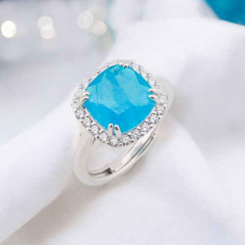 925er Silberring mit Zirkonia und Steinen, quadratisch gefasst mit Zirkonia, rhodiniert blau