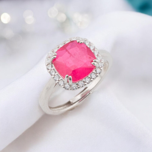 925 Silver Ring with Zirconia and Stones Set Square with Zirconia Rhodium Ruby