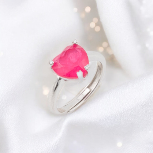 925 Silver Ring with Zirconia and Stones Set in a Heart-Shaped Griffe, Red Rhodium Plated