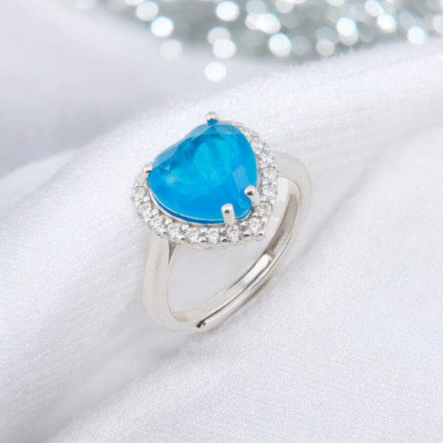 925 Silver Ring with Zirconia and Blue Rhodium-Plated Heart-Set Stones