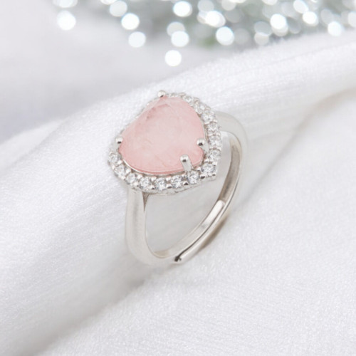 925 Silver Ring with Zirconia and Stones Set in a Pink Rhodium-Plated Heart