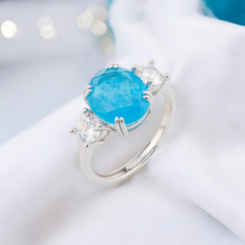 925er Silberring mit Zirkonia und Steinen, oval, 3-spitzig, rhodiniert, blau