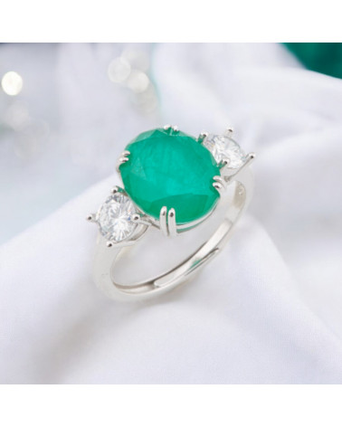 Anello Di Argento 925 Con Zirconi E Pietre Incastonate Ovale 3 Punti Rodiato Verde Smeraldo-BAGUES EN ARGENT 925 | Worldofjewel.com