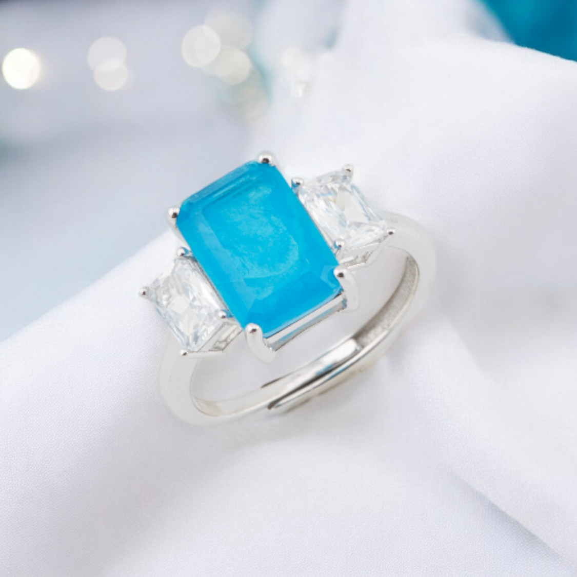 Bague en argent 925 sertie de zirconiums et de pierres dans un rectangle plaqué rhodium bleu-BAGUES EN ARGENT 925 | Worldofjewel.com