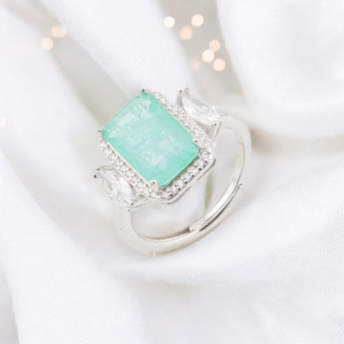 925 Silver Ring with Zirconia and Stones Set Rectangle Zircon Rhodium Plated Water